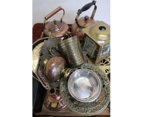 Selection of various 19th C and later copper brass and plated ware in one box including trivets candlesticks, fish servers, A