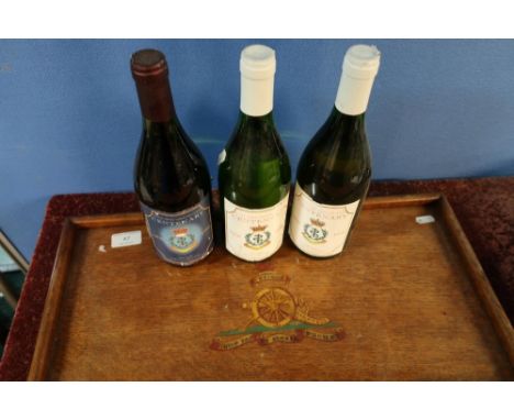 Oak rectangular tray with Royal Artillery crest and three bottles of regimental wine Centenary Royal Army Medical Corp 1898-1