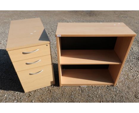 Light wood laminate two tier office style bookcase and similar three drawer chest (2) 