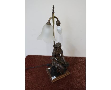 Twin branch table lamp with a Spelter figure of a young seated girl with musical instrument (60cm high)(Missing one shade) 