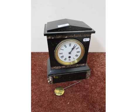 Victorian slate and marble mantel timepiece with white enamel dial 