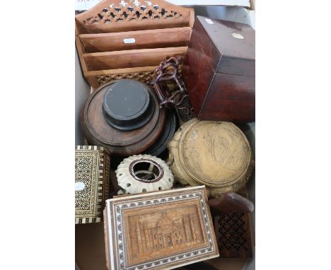 Carved Eastern hardwood trinket box, a similar trinket box set with Mother of Pearl and a selection of Eastern hardwood decor