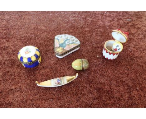 Halcyon Days enamel acorn, three enamel trinket pots and a Limoges gondola 