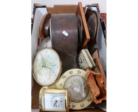 Westclox alarm clock, a Metamec mantle clock and other clocks in one box 