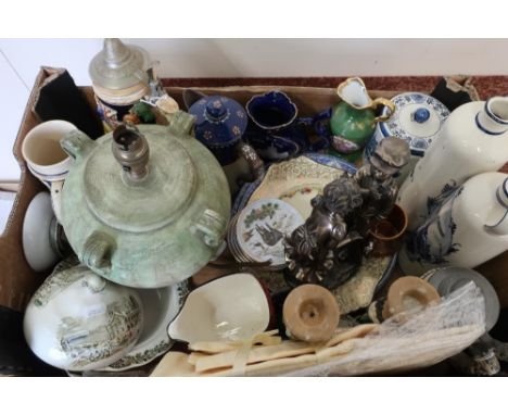 Selection of various decorative ceramics including studio ware, table lamp, Haig Scotch Whisky water jug, Delft ware, various