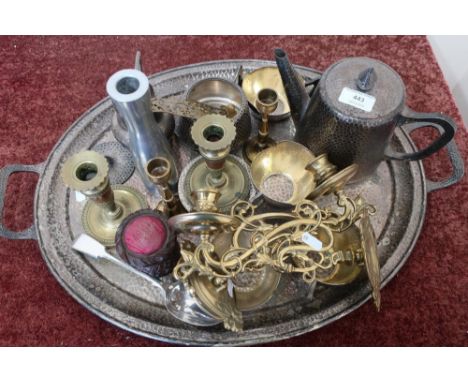 Large oval twin handled hammered pewter tray and part tea service, a modern design stainless steel candlestick, a turned and 