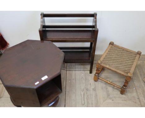 Mahogany revolving occasional table, a small two tier open bookcase and a string top stool (3) 