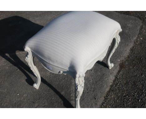 Cream painted and carved rectangular French style dressing table stool with upholstered top 