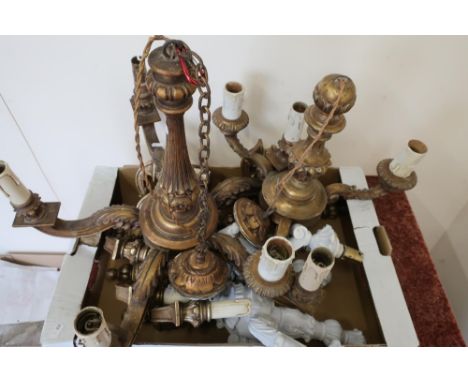 Gilt wood five branch centre light fitting, a similar three branch centre light and a selection of gilt two branch wall light