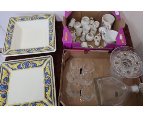 Tiffany style ceramic serving dish and plate, selection of various assorted crested ware and glassware including decanter &am
