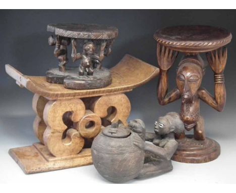 Collection of African items, to include an Ashanti stool, a Luba offering bowl, a Hemba stool and a small stool carved with t