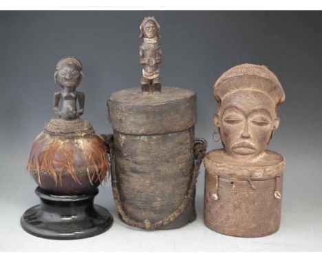 Chokwe basket or box, a Fang reliquary figure on box and a Luba / Hemba calabash figure (3) The tallest item measures 40cm hi