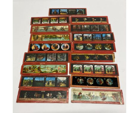 A quantity of hand coloured glass magic lantern slides.