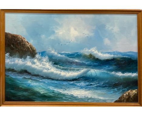 A large framed oil on canvas seascape signed A.Kirkham, frame size 95 x 64cm.