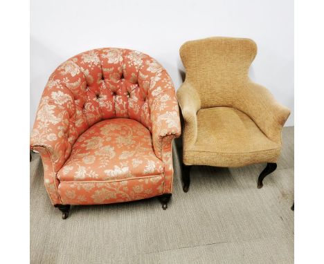 A button backed floral upholstered tub chair together with a small upholstered armchair, tallest H. 75cm.