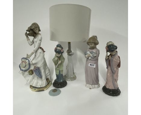 Two Lladro porcelain figurines of Japanese girls, H. 28cm. Parasol stem missing, together with two Nao figures and an unmarke