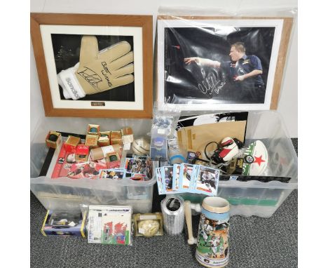 Two boxes of mixed sporting related collectibles.