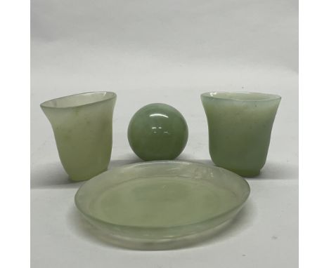 A Chinese jade / hardstone tray with two wine cups and a ball, Dia. 12cm.