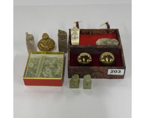 A group of mixed Chinese items including snuff bottles, seals and jade beads (probably from an abbacus)