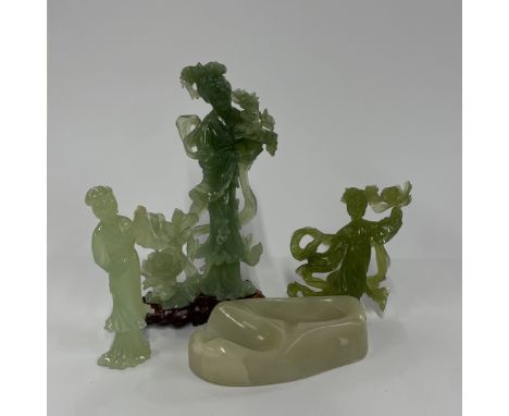 A group of jade/hardstone figures, tallest H. 27cm. One A/F.