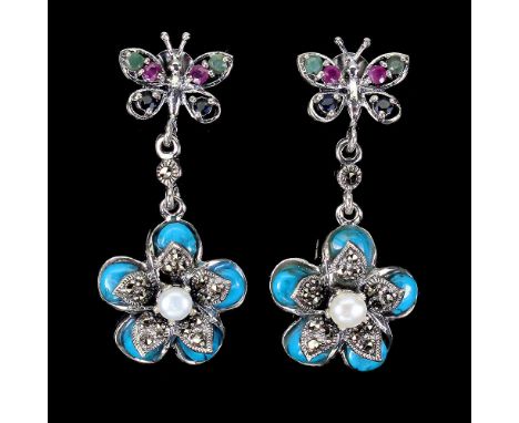 A pair of 925 silver marcasite, turquoise, pearl, ruby, sapphire and emerald set butterfly shaped drop earrings, L. 4.2cm.