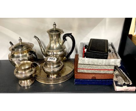 A silver plated tea set and a quantity of cutlery.