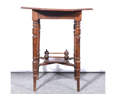 Victorian walnut window table, octagonal top with moulded edge, turned and ringed legs joined by a shelf, 61x61cm, height 71c