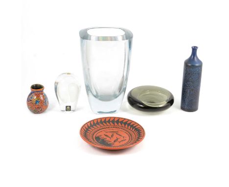 Small collection of Mid-century glass and pottery, incuding a Holmgaard smoky glass dish after a design by Per Lutken, a Fren