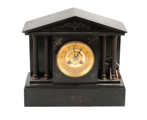 Victorian black slate mantel clock, architectural pediment above columns, plinth base, cylinder movement striking on a gong, 