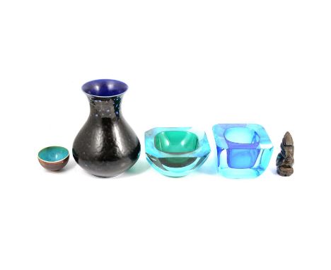 Selection of mid-century glass and ceramics, including a Poole Pottery shallow footed dish with incised decoration, 20cm diam