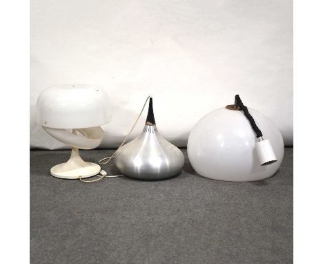 1960s Brushed steel teardrop pendant lamp, another 1960s white Perspex globe light, an Italian white Perspex mushroom table l