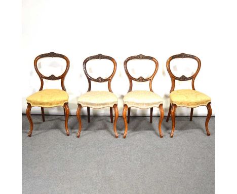 Set of six Victorian walnut balloon back dining chairs, carved backs, cabriole legs, width 46cm, height 87cm.Qty: 6Condition 