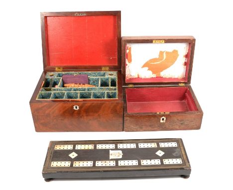 Victorian mahogany sewing box, another jewellery box, and a rosewood and ebonised cribbage board inlaid with mother of pearl 