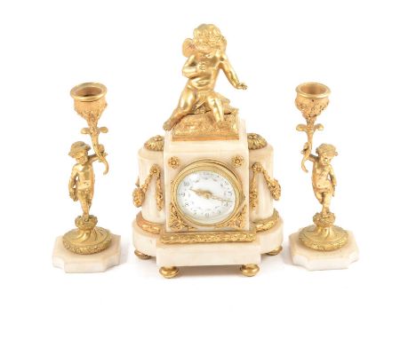 Late 19th Century French marble and ormolu clock garniture, the clock with cherub mount, circular dial, timepiece cylinder mo