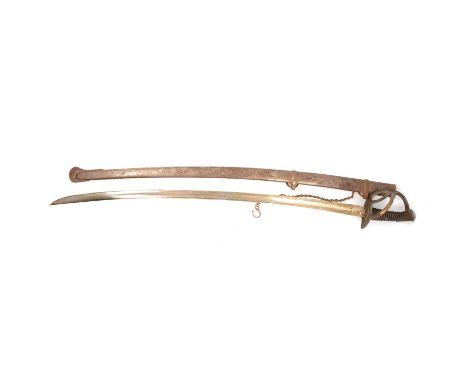 Cavalry sabre, 91cm curved blade, unmarked, two bar guard, wire bound grip, with metal scabbard.Condition report:Scabbard is 