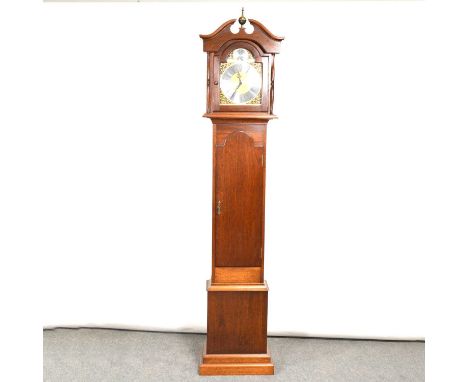 Modern mahogany longcase clock, arched pediment with orb finial, turned supports, long door, plinth base, 9" arched brass dia