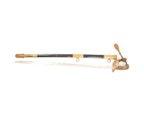 Naval Officer's sword, 80cm blade engraved (worn), folding brass goard, wire bound grip, with bullion knot, brass and leather