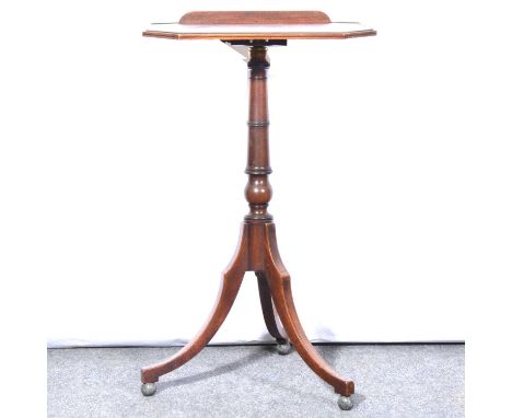 George III mahogany reading table, rectangular top with canted corners, book stand, turned column, three splayed legs, 45x38c