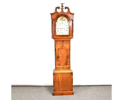 Oak and mahogany longcase clock, swan neck pediment with orb finial, rope twist supports, short door, plinth base, 12" arched