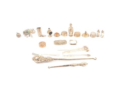 Pair of Georgian silver sugar tongs, vesta case, white metal niello topped box, novelty post boxes, etc.,Qty: Qty
