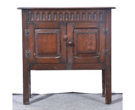 Oak side table, rectangular top over a pot cupboard, width 74cm, depth 34cm, height 74cm.Condition report:The top is grubby o