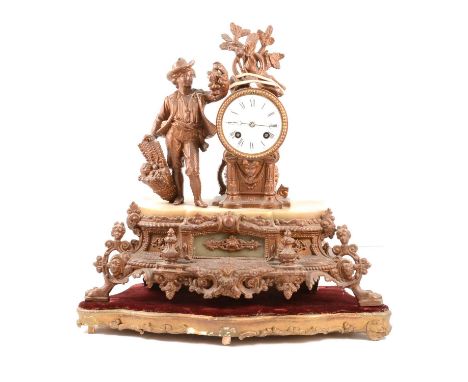 Late 19th Century French gilt spelter mantel clock, cylinder movement striking on a bell, on a plinth, height overall 43cm.