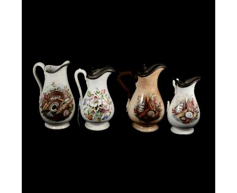 Collection of Prattware waterjugs, jugs, loving cups and mugs, mostly as found.