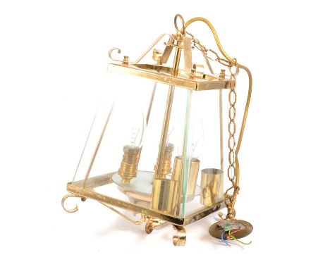 Modern lacquered brass hall lantern, 23x23cm, height 27cm, with hanging chain and fitting.