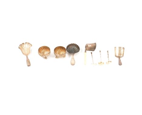 A Georgian silver caddy spoon, maker's mark rubbed, Birmingham 1807, bone handle; three other Georgian and later silver caddy