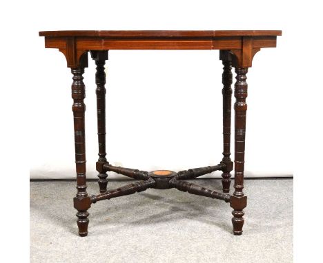 Victorian mahogany and marquetry window table, octagonal top, turned and ringed legs, turned rails, 85x85cm, height 71cm.Cond