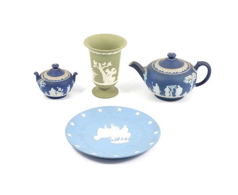 Small collection of Wedgwood Jasperware, including a deep navy ground teapot and sucrier and cover, various covered trinket d