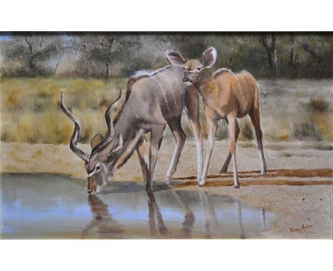 Thomas Hacking,Antelope watering,oil on canvas board, 60x89cm ;and Denis Murphy,Elephants in bush,oil on canvas. 59x119cm.Qty