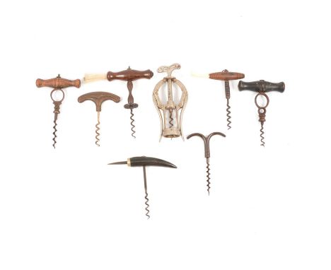 Straight-pull corkscrews, eight including two with ring handles; two brush ended; horn handled; A1 Heeley's double lever, etc