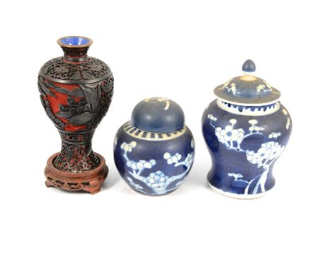 Quantity of Asian ceramics including Chinese porcelain vase adapted to a table lamp, three ginger jars and covers, a white bl